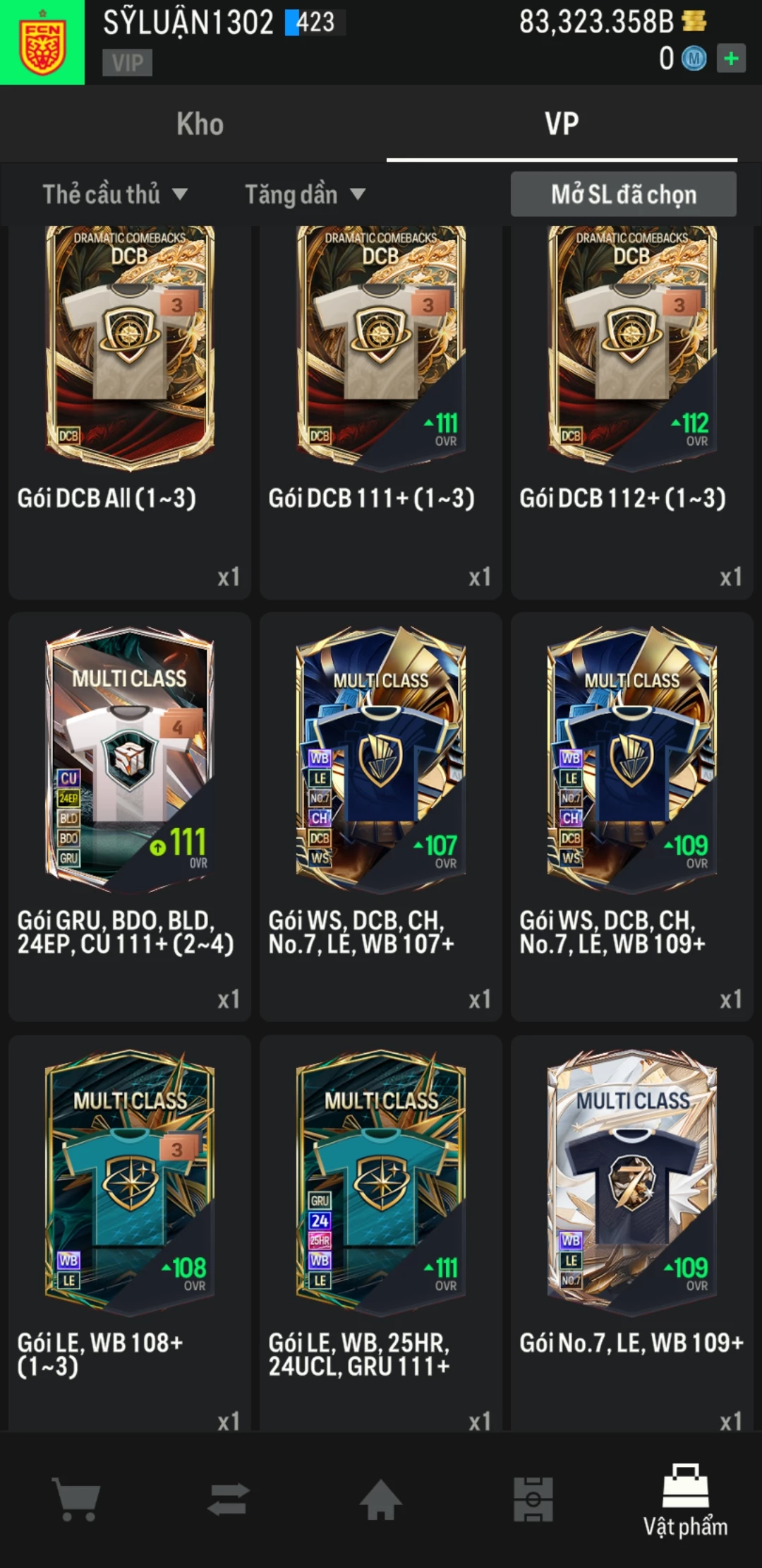 Ảnh ACC mở thẻ (LOẠI SVIP PROMAX) bao gồm có 01 thẻ +12, 03 thẻ PRIME (QH+, CP+, XS+) và hơn 1600+ đến 3500+ thẻ cầu thủ từ Siêu sao đến Miền núi các loại. Acc có sẵn BP trắng từ 55.000 tỷ BP đến 90.000 tỷ BP